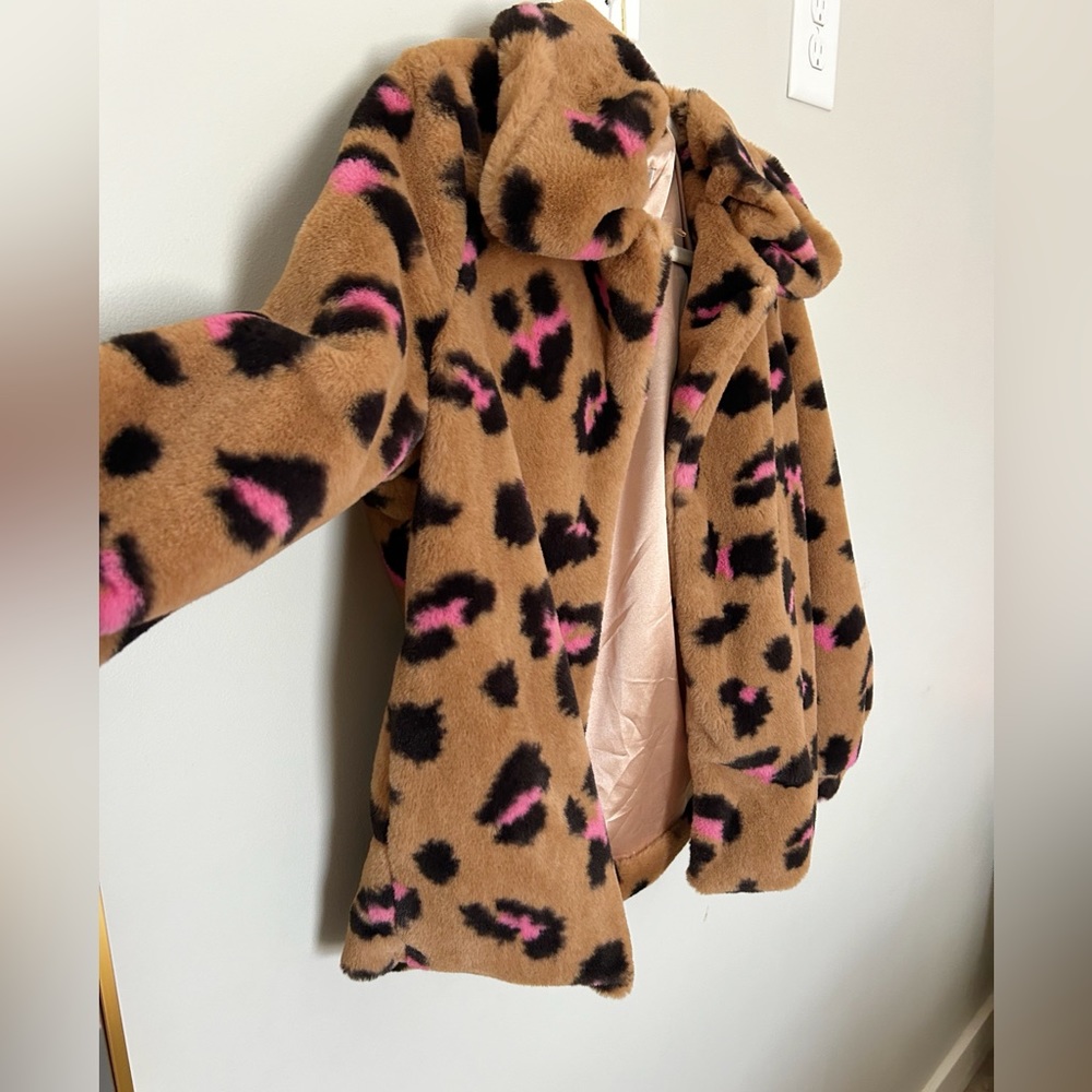 Joy Joy Pink and Black Leopard Print Tan Overcoat
